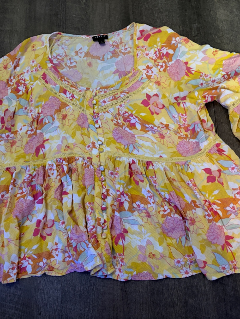 torrid Yellow Floral Peasant Top with Pink Accents